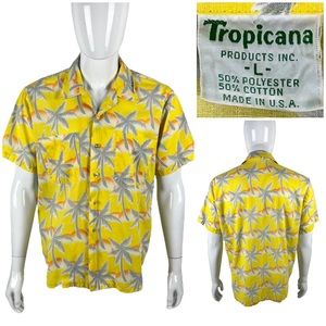 Tropicana Mens Large Hawaiian Shirt Yellow Floral Vintage Made In USA Travel